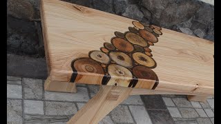 Ash wood bench with fruit trees branches inlay [upl. by Ahtelra]