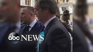 ProBrexit leader Nigel Farage hit by milkshake [upl. by Sherburn]