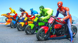 SUPERHERO Competition Challenge  Spiderman Hulk amp Goku Motorbike Jump over the Ocean 227 [upl. by Notlimah]