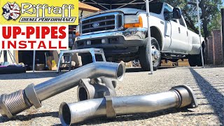 2001 F350 73  RiffRaff UpPipes Install  Stock up pipes leaking and falling apart JUNK SP [upl. by Ibbob147]