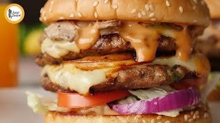 Double Patty Beef Burger with BBQ Burger Sauce Recipe by Food Fusion [upl. by Lyris105]