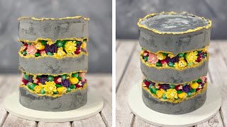 Fault Line Tower Cake  Butter cream Flower  Concrete Cake [upl. by Ellenid39]