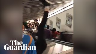 Escalator speeds up and collapses in Rome injuring football fans [upl. by Mcnamee]