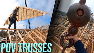 Installing 34 Roof Trusses Rough Framing POV Height Warning [upl. by Ynaittirb]