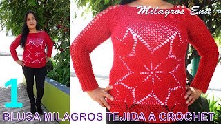 PARTE 1 Blusa MILAGROS tejido a crochet con flores e indicaciones para diferentes tallas [upl. by Cullan]