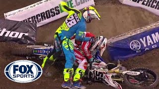 Riders fight after crash at Supercross event  FOX SPORTS [upl. by Jania961]