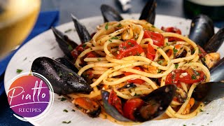 Seafood Pasta Recipe  SPAGHETTI with MUSSELS White Wine and Tomatoes [upl. by Ydak]